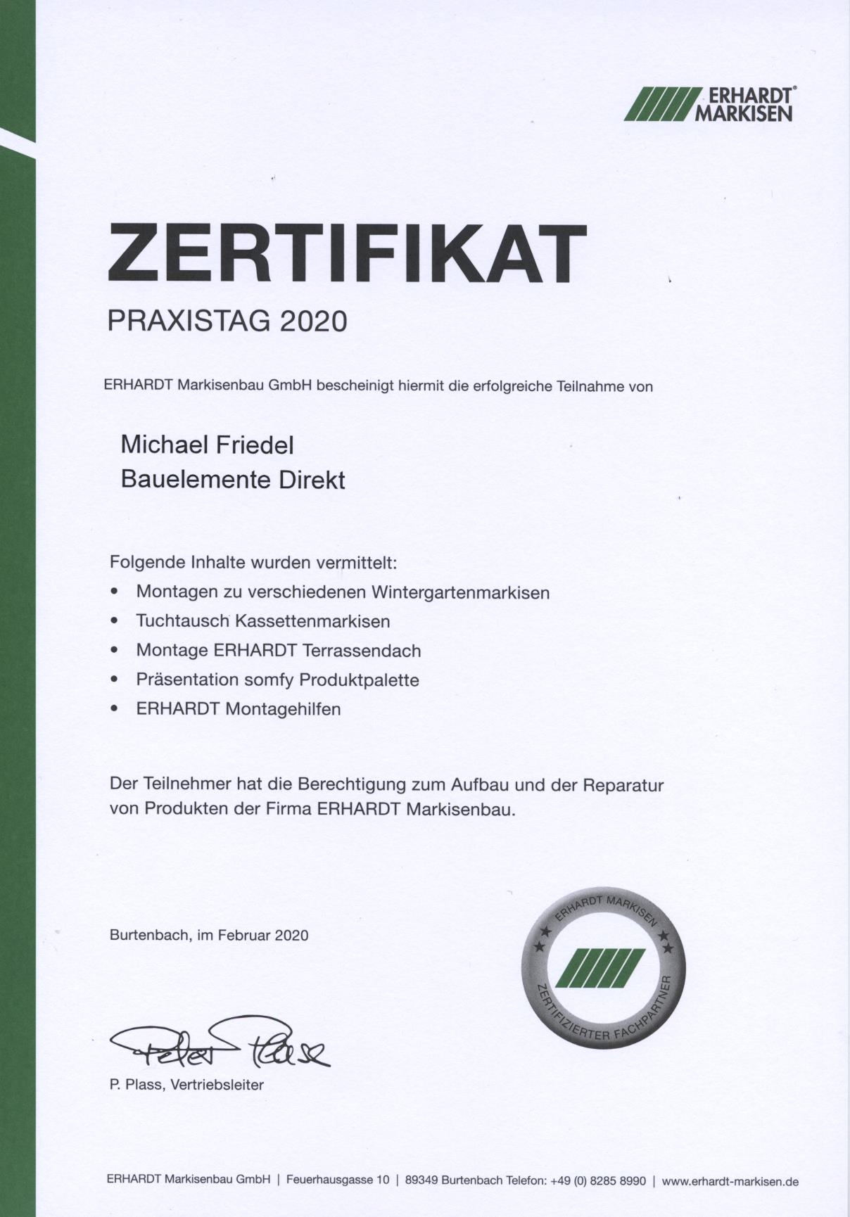 Erhardt Markisen Praxistag Zertifikat 2020