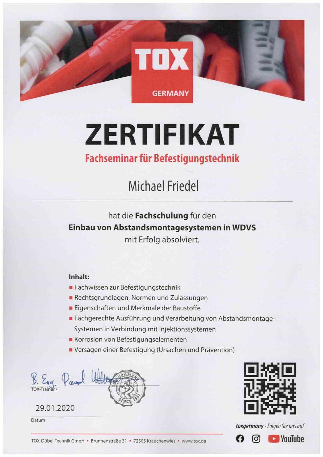 TOX Fachseminar für Befestigungstechnik Zertifikat 2020